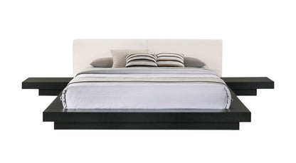 Black and White Wood And Faux Leather King Bed Frame With Attached Nightstands