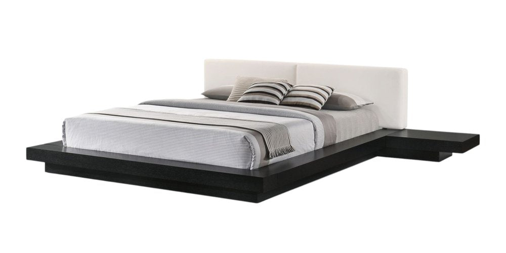 Black and White Wood And Faux Leather King Bed Frame With Attached Nightstands
