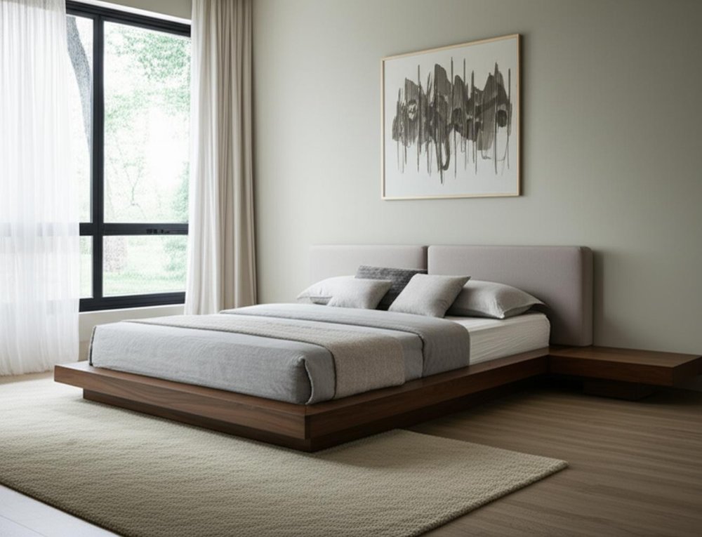 Gray and Walnut Wood And Faux Leather King Bed Frame With Attached Nightstands