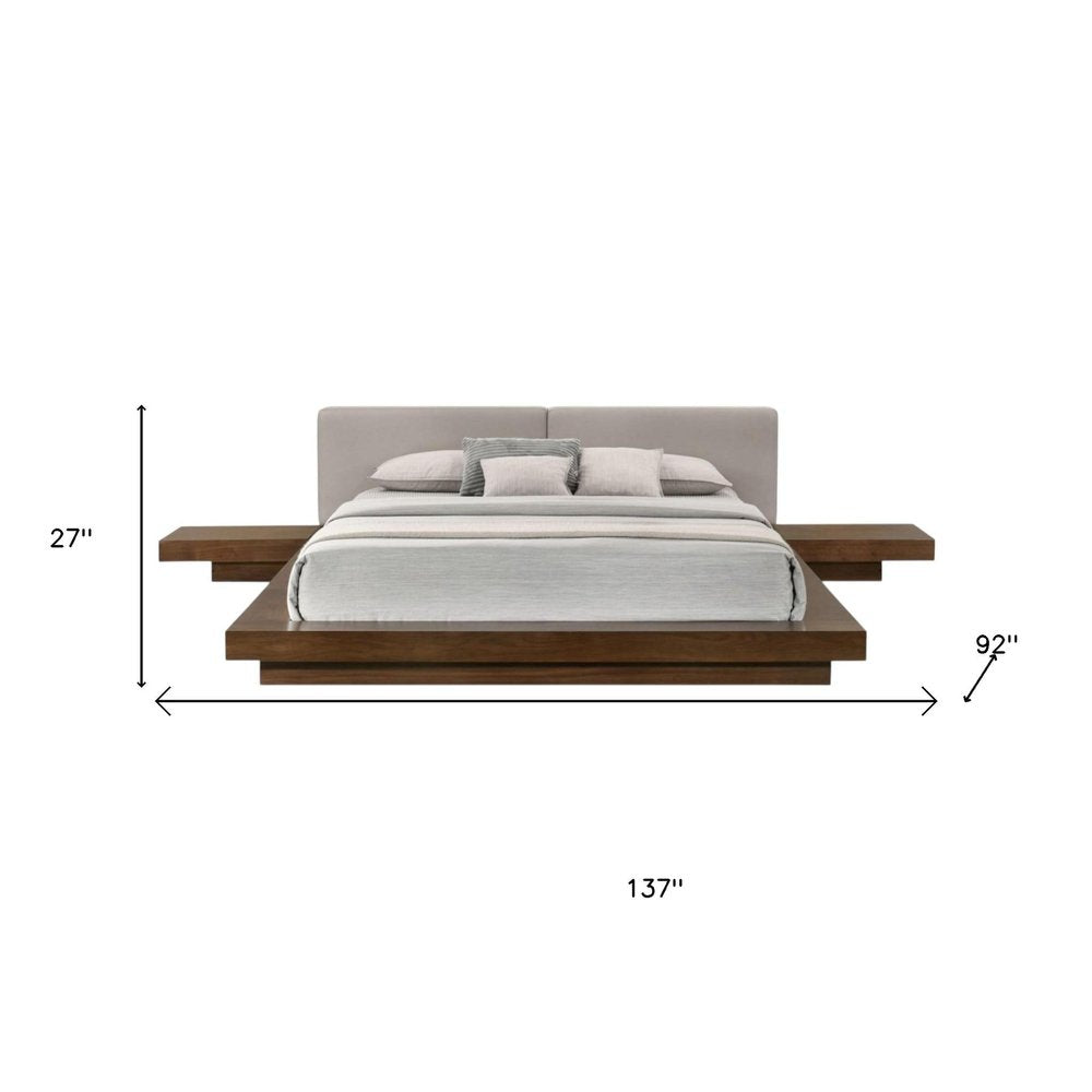 Gray and Walnut Wood And Faux Leather King Bed Frame With Attached Nightstands