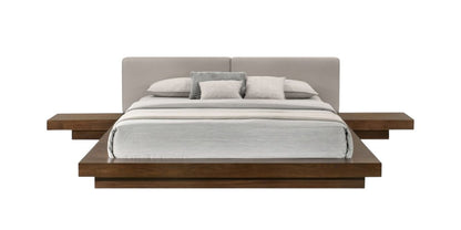 Gray and Walnut Wood And Faux Leather King Bed Frame With Attached Nightstands