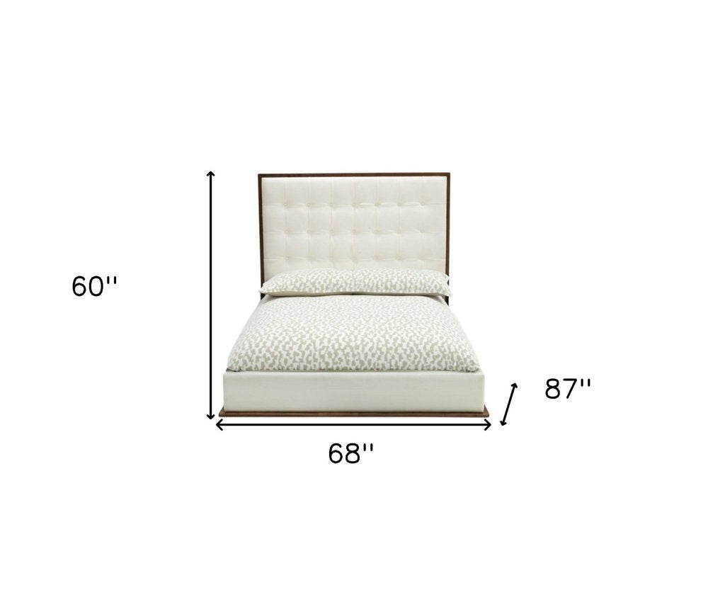 Brown and White Wood And Tufted Faux Leather Queen Bed Frame