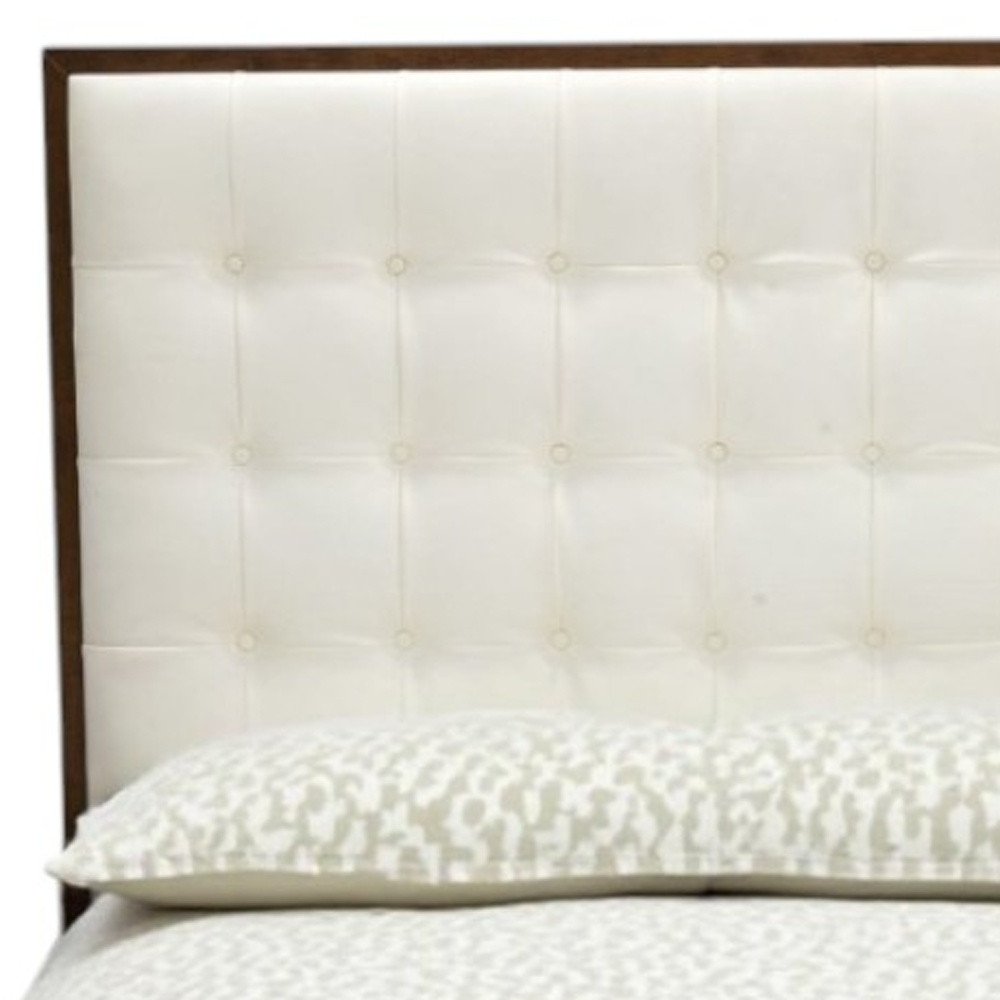 Brown and White Wood And Tufted Faux Leather Queen Bed Frame