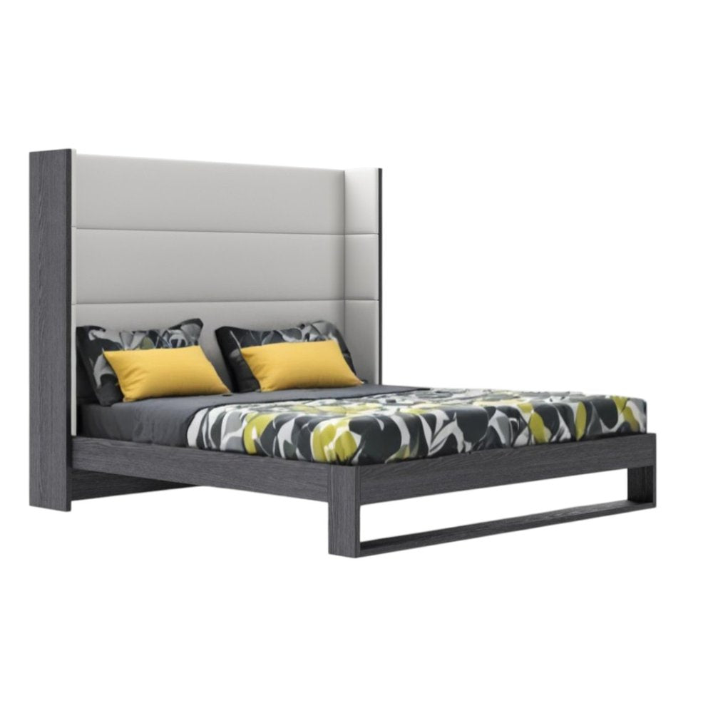 Gray and White Wood And Faux Leather King Bed Frame