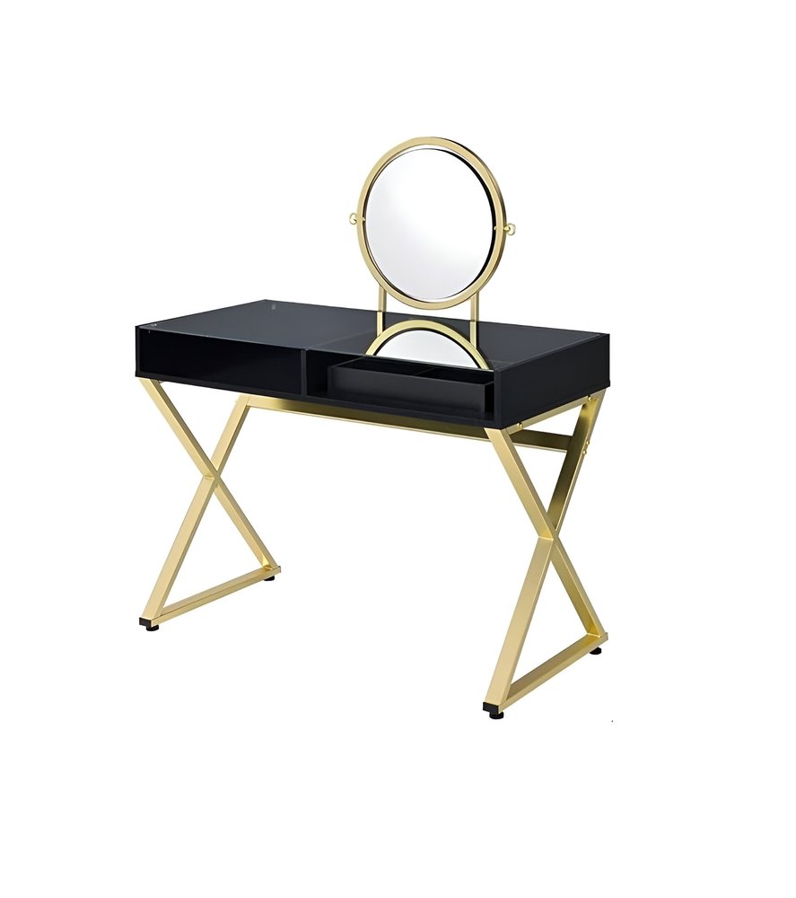 42" Black And Gold Glass and Wood Mirrored Vanity Table