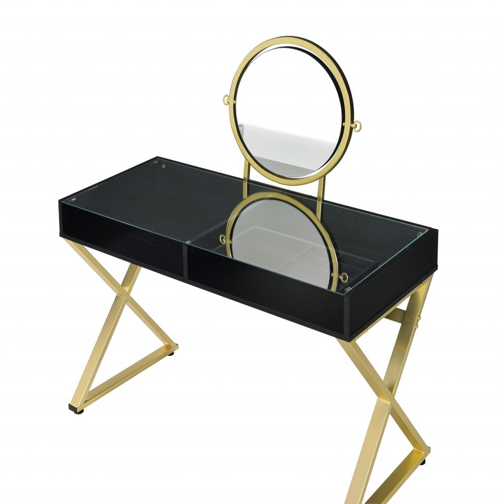 42" Black And Gold Glass and Wood Mirrored Vanity Table