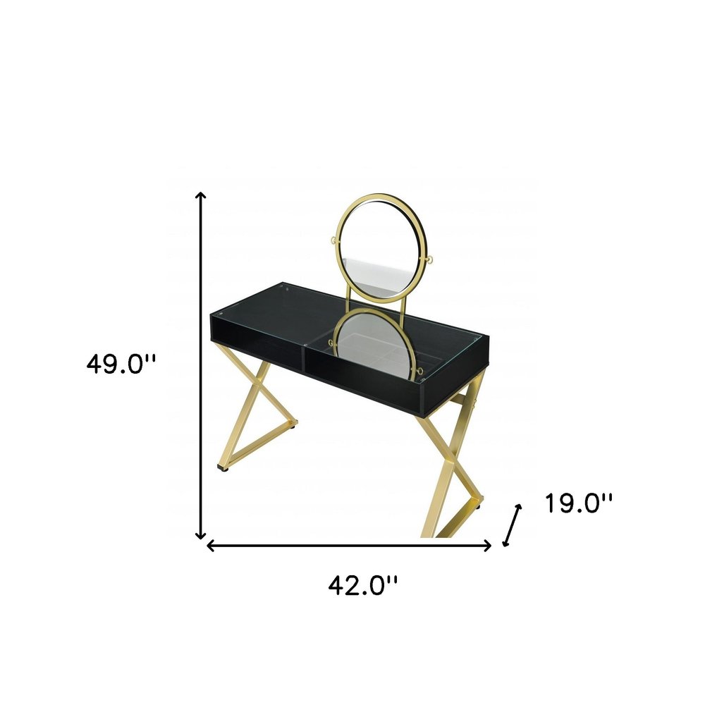 42" Black And Gold Glass and Wood Mirrored Vanity Table