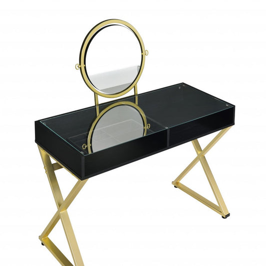 42" Black And Gold Glass and Wood Mirrored Vanity Table