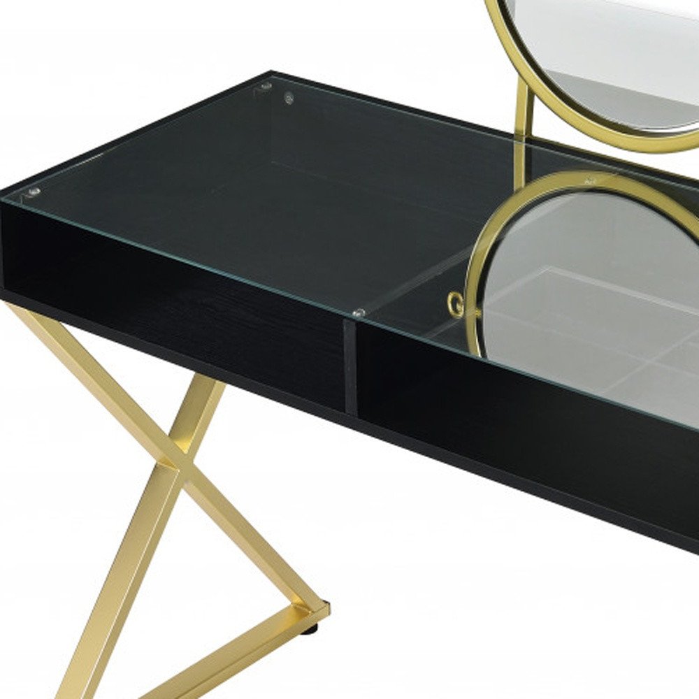 42" Black And Gold Glass and Wood Mirrored Vanity Table