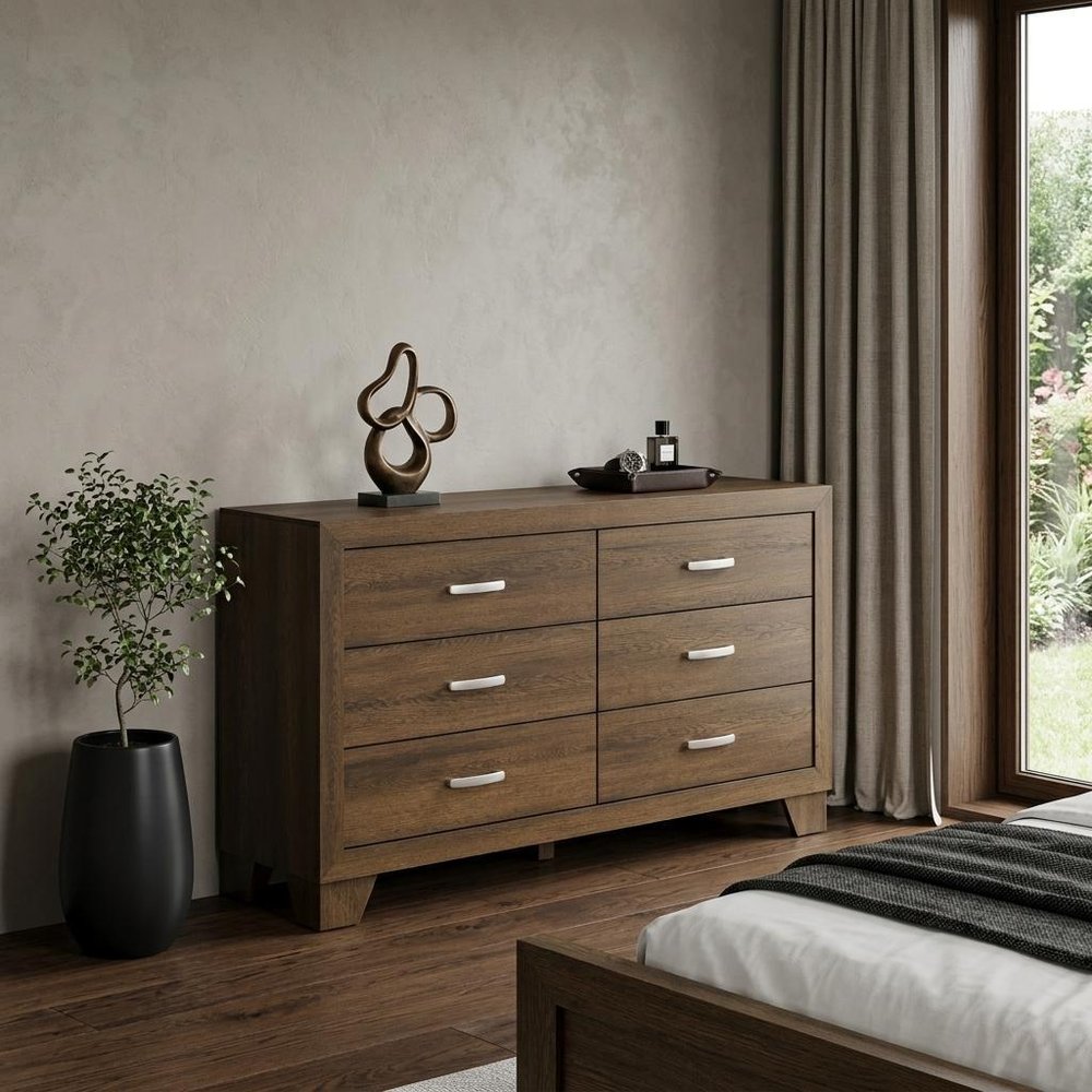 59" Natural Brown Manufactured Wood Six Drawer Double Dresser
