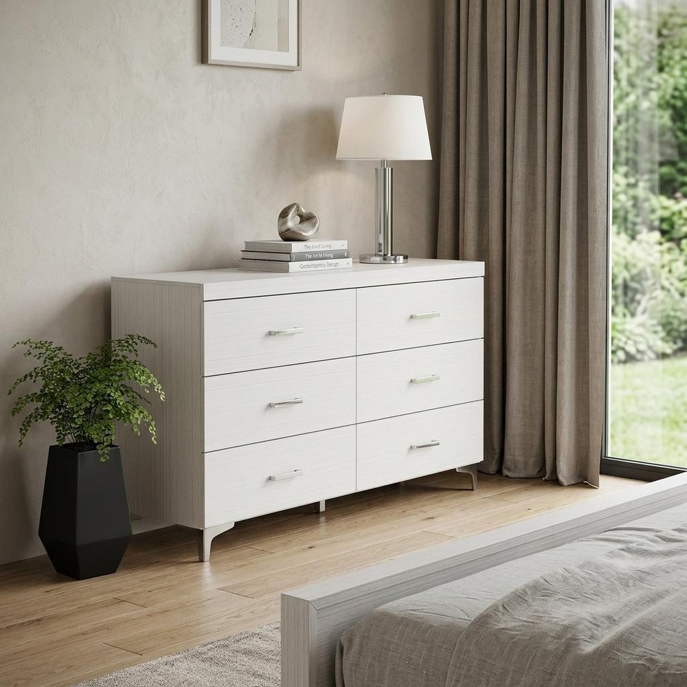 58" White Solid and Manufactured Wood Six Drawer Double Dresser