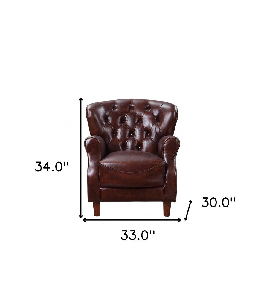 30" Brown and Steel Blue Top Grain Leather Tufted Club Chair