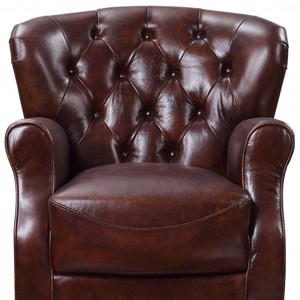 30" Brown and Steel Blue Top Grain Leather Tufted Club Chair
