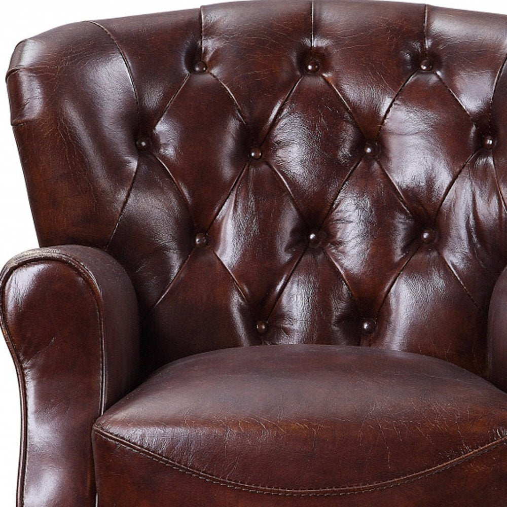 30" Brown and Steel Blue Top Grain Leather Tufted Club Chair