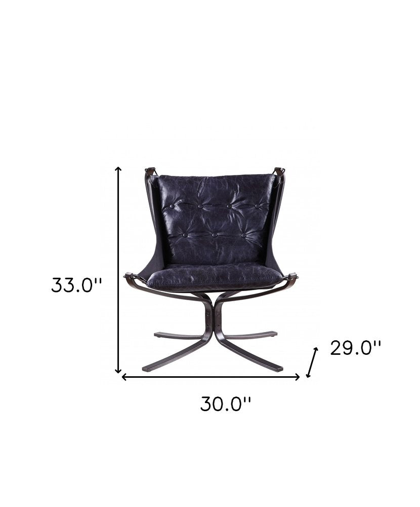 30" Blue and Steel Blue Top Grain Leather Tufted Lounge Chair