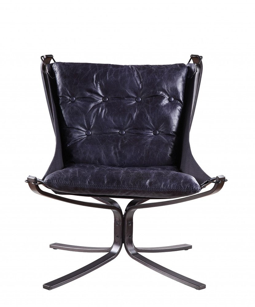30" Blue and Steel Blue Top Grain Leather Tufted Lounge Chair