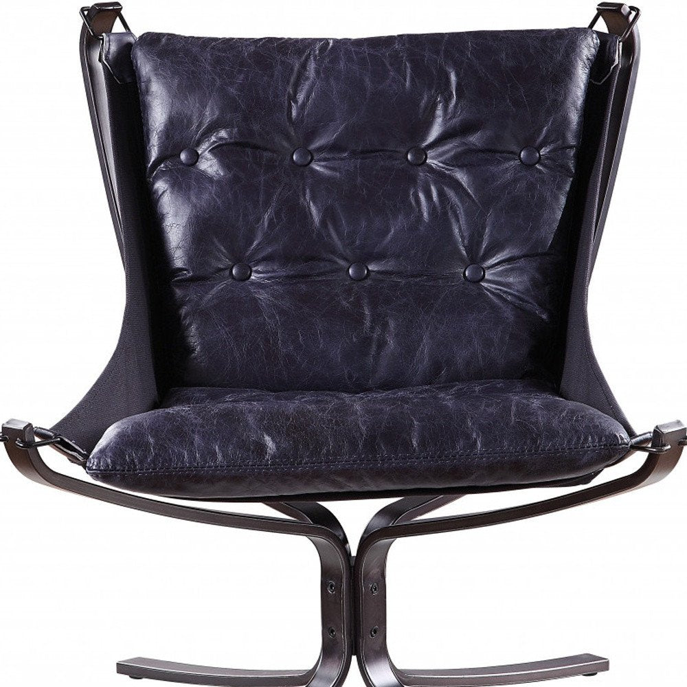 30" Blue and Steel Blue Top Grain Leather Tufted Lounge Chair
