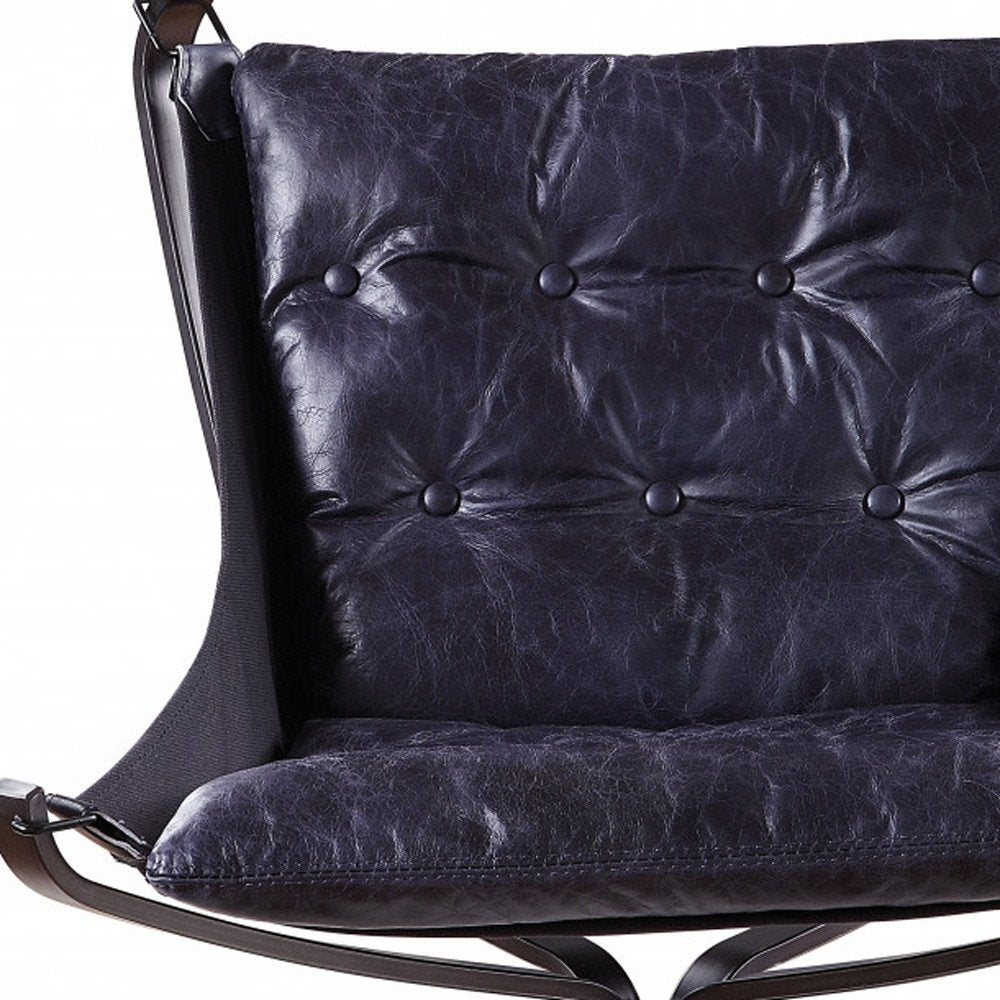 30" Blue and Steel Blue Top Grain Leather Tufted Lounge Chair