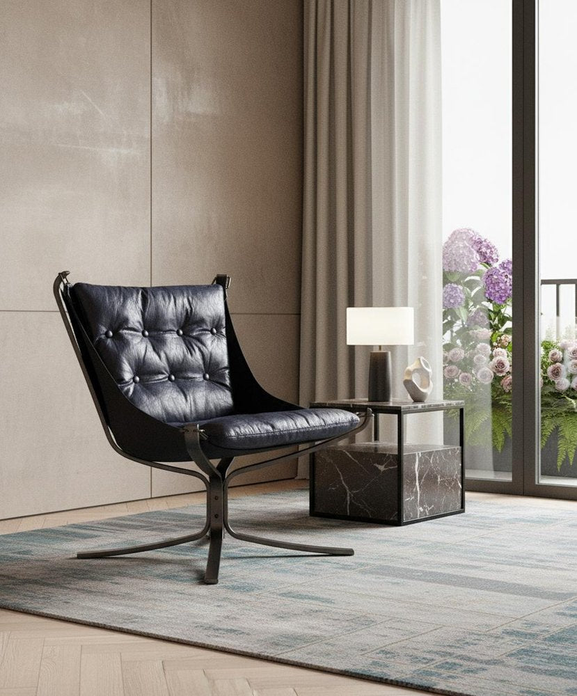 30" Blue and Steel Blue Top Grain Leather Tufted Lounge Chair