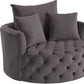 43" Gray Velvet Tufted Swivel Barrel Chair And Toss Pillows