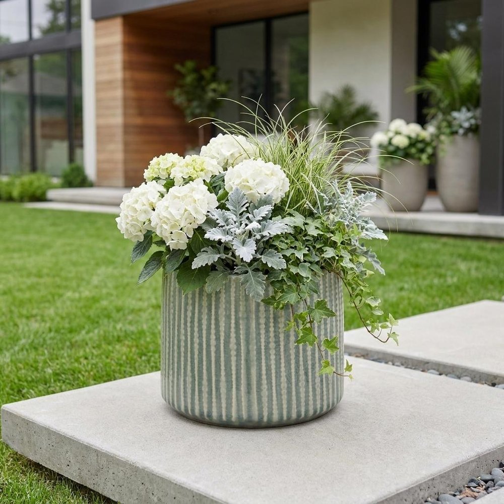 6" Green Striped Ceramic Indoor Outdoor Round Pot Planter