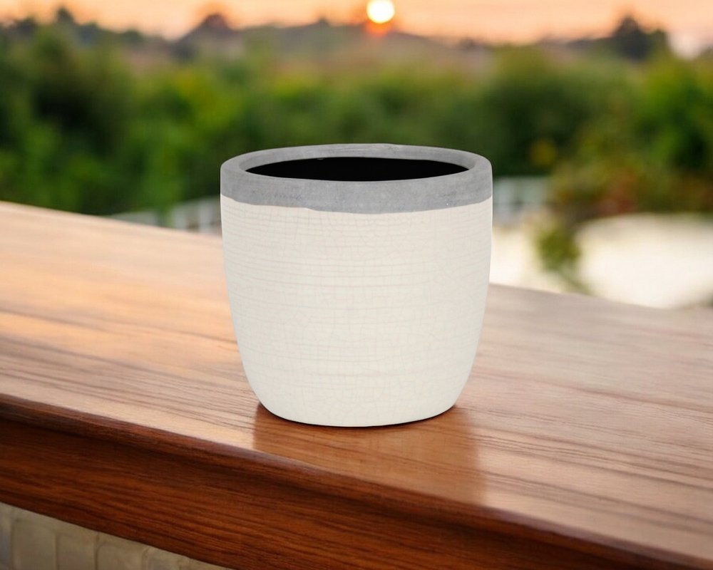 6" Cream and Gray Crackle Glaze Ceramic Indoor Outdoor Round Pot Planter