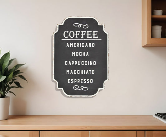 22" X 16" Black and White Types Of Coffee Metal Wall Decor