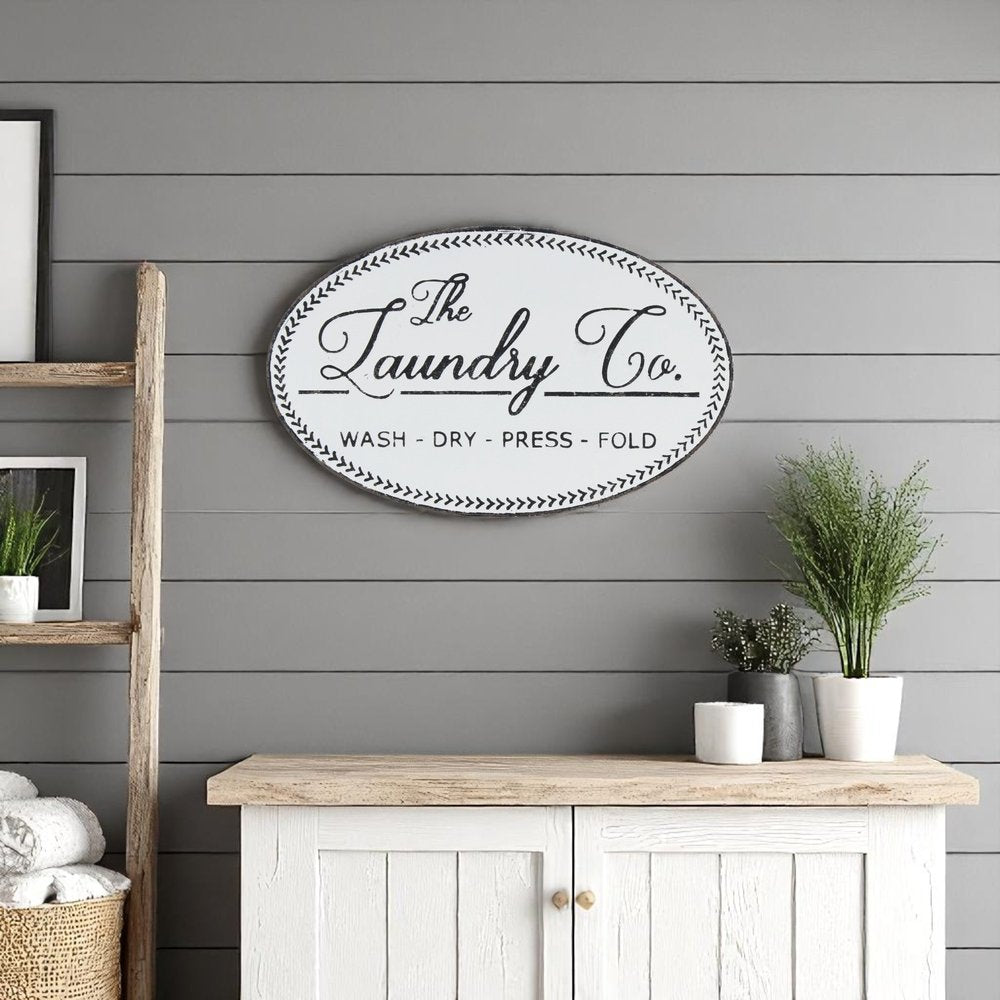 14" X 22" White And Dark Gray The Laundry Co Metal Oval Wall Decor