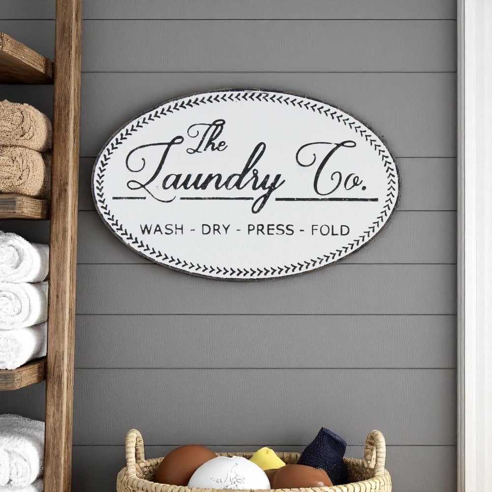 14" X 22" White And Dark Gray The Laundry Co Metal Oval Wall Decor