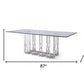 87" Clear And Silver Glass And Stainless Steel Pedestal Base Dining Table