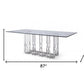 87" Clear And Silver Glass And Stainless Steel Pedestal Base Dining Table