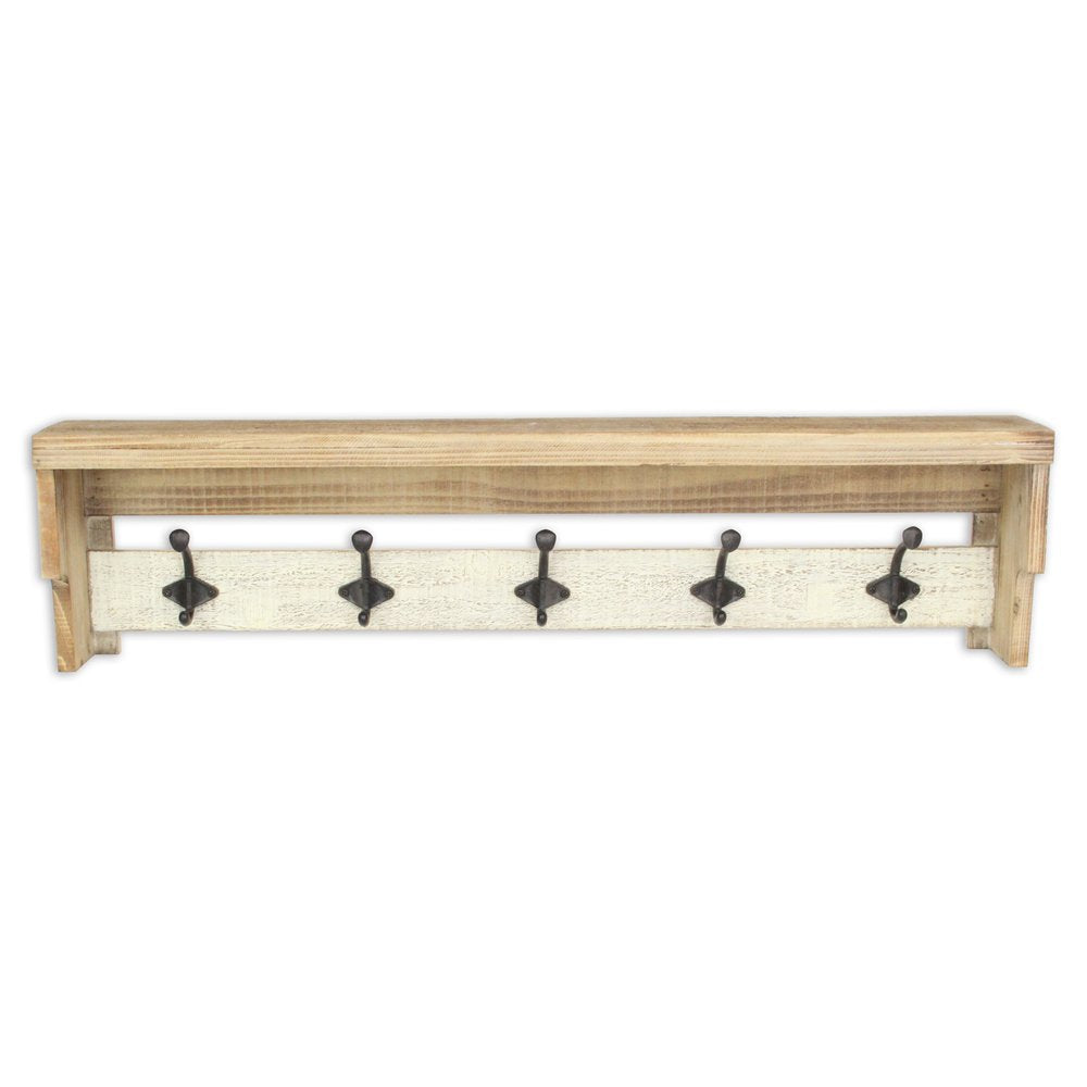 32" Natural Wood Five Hook Wall Mount Coat Rack