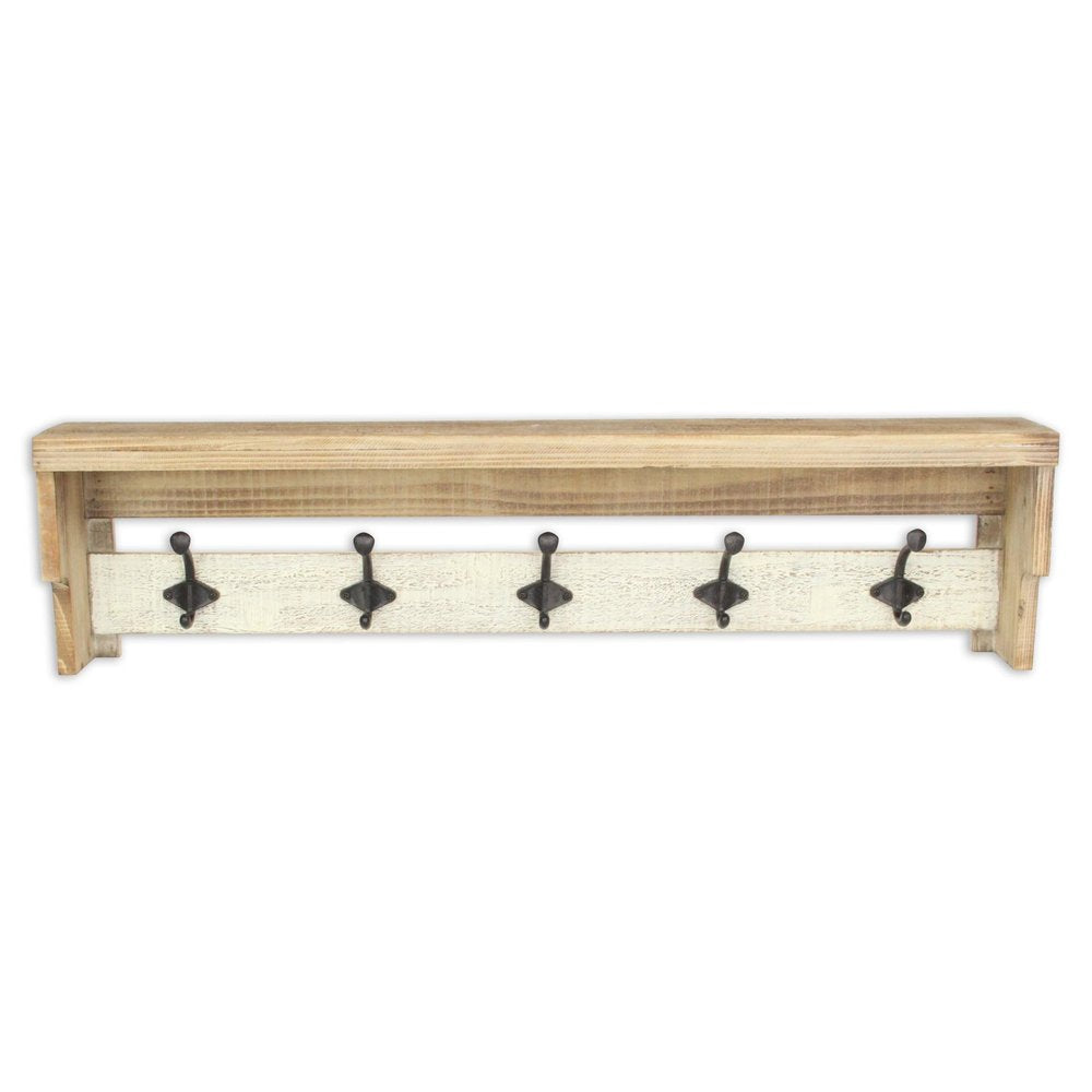 32" Natural Wood Five Hook Wall Mount Coat Rack
