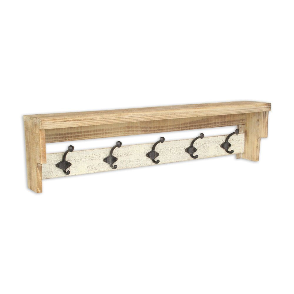 32" Natural Wood Five Hook Wall Mount Coat Rack