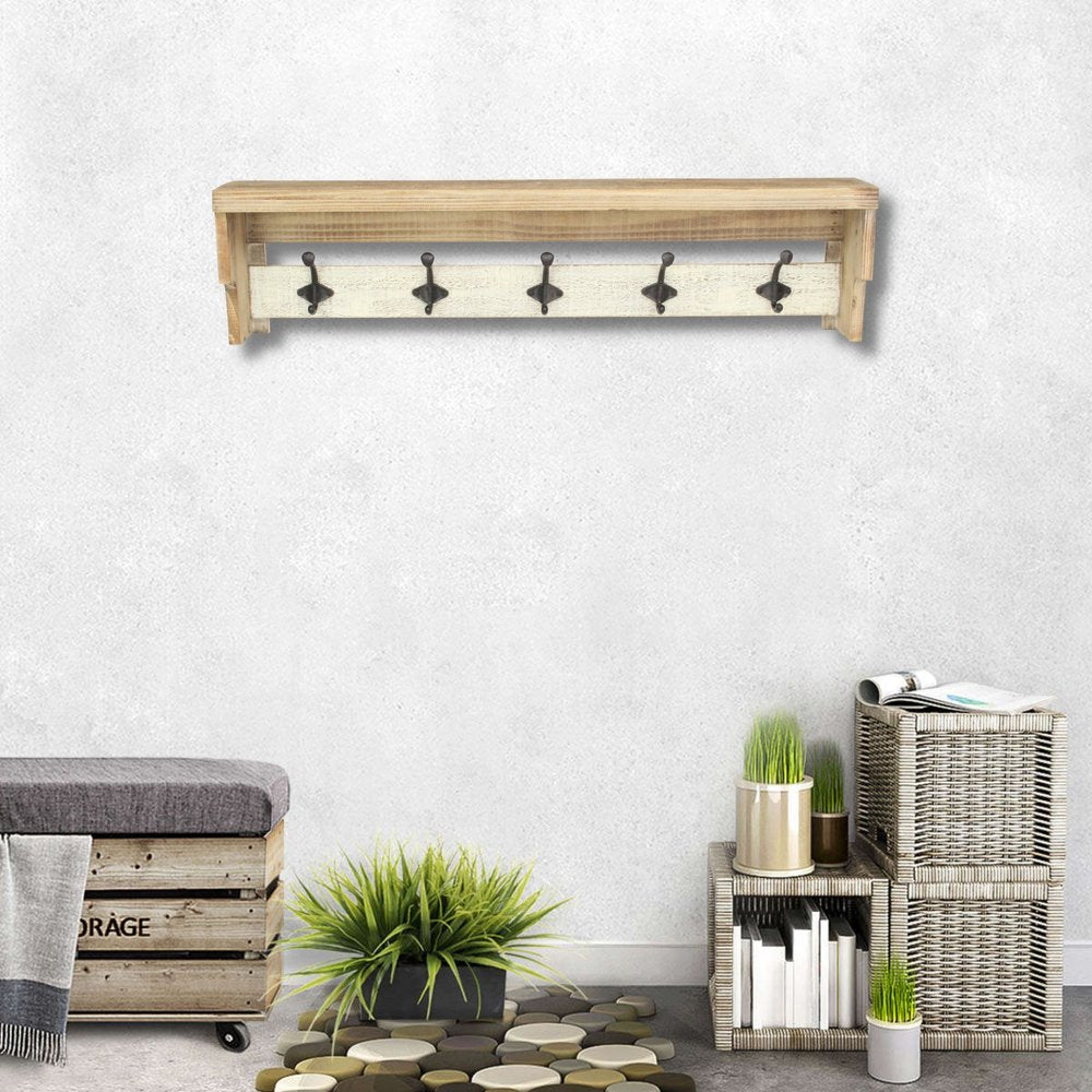 32" Natural Wood Five Hook Wall Mount Coat Rack