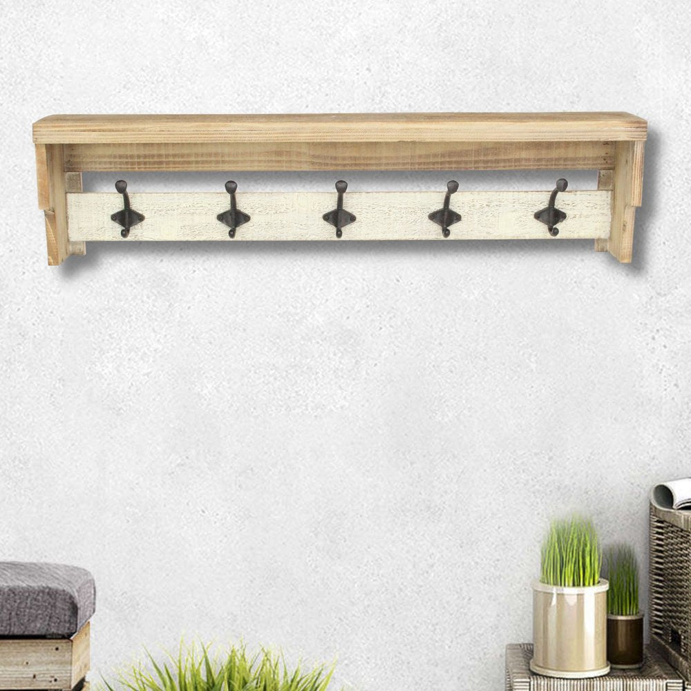 32" Natural Wood Five Hook Wall Mount Coat Rack