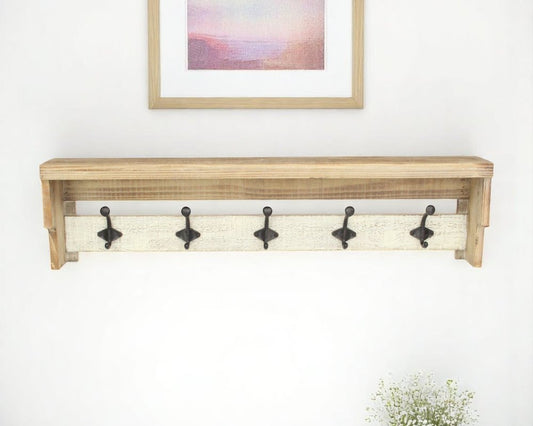 32" Natural Wood Five Hook Wall Mount Coat Rack