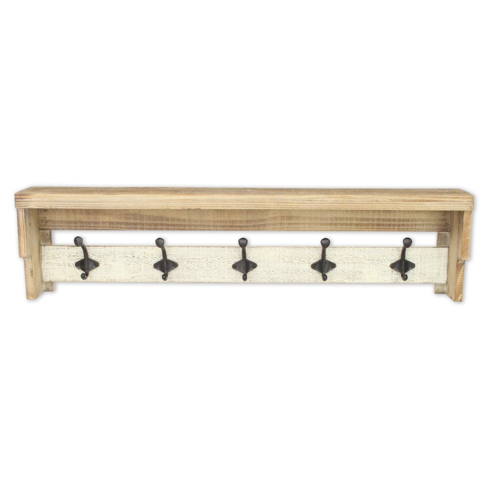 32" Natural Wood Five Hook Wall Mount Coat Rack
