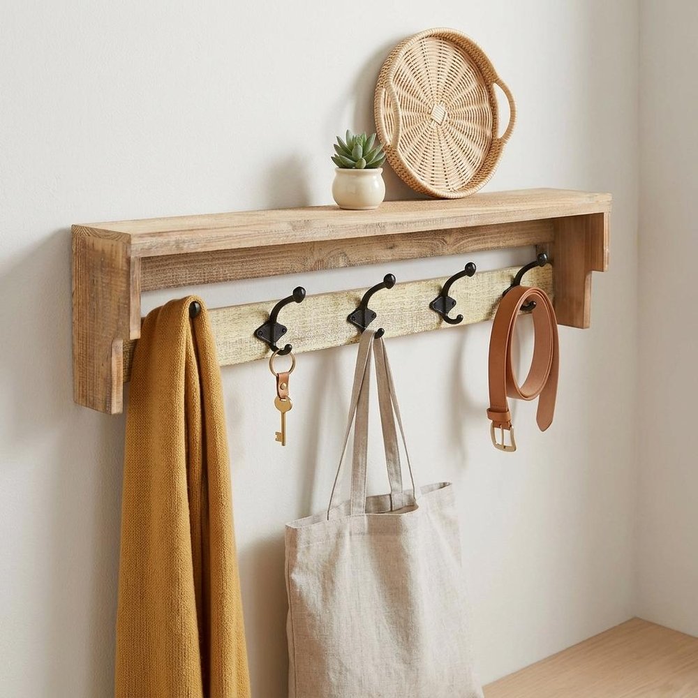 32" Natural Wood Five Hook Wall Mount Coat Rack