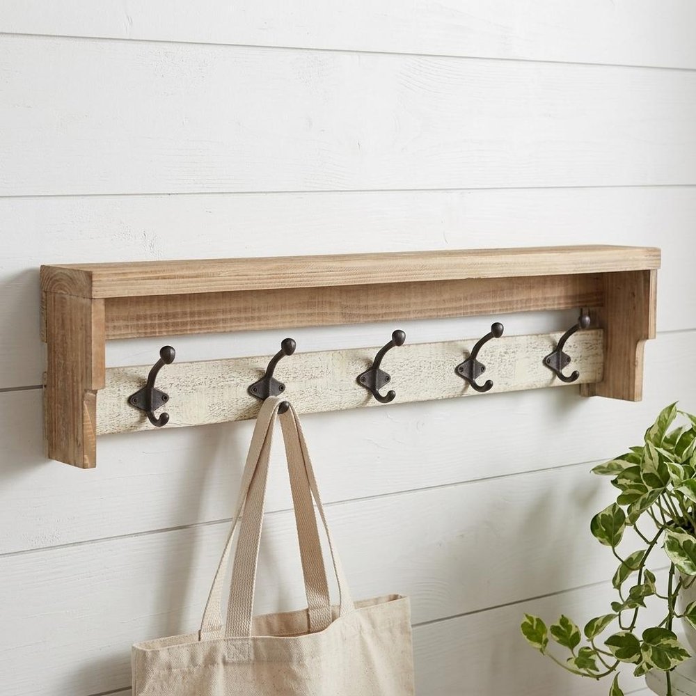 32" Natural Wood Five Hook Wall Mount Coat Rack
