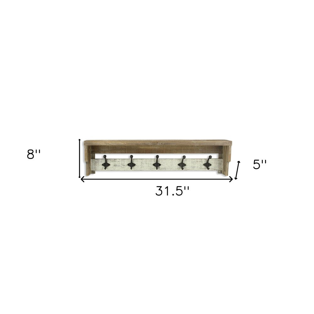 32" Natural Wood Five Hook Wall Mount Coat Rack