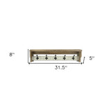 32" Natural Wood Five Hook Wall Mount Coat Rack