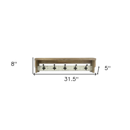 32" Natural Wood Five Hook Wall Mount Coat Rack