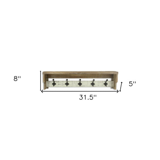32" Natural Wood Five Hook Wall Mount Coat Rack