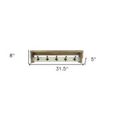 32" Natural Wood Five Hook Wall Mount Coat Rack
