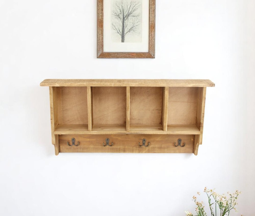 30" Natural Wood Four Hook Wall Mount Coat Rack