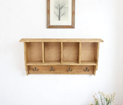 30" Natural Wood Four Hook Wall Mount Coat Rack