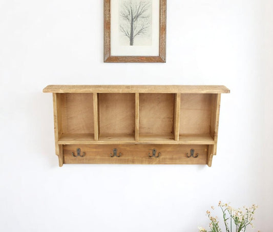 30" Natural Wood Four Hook Wall Mount Coat Rack