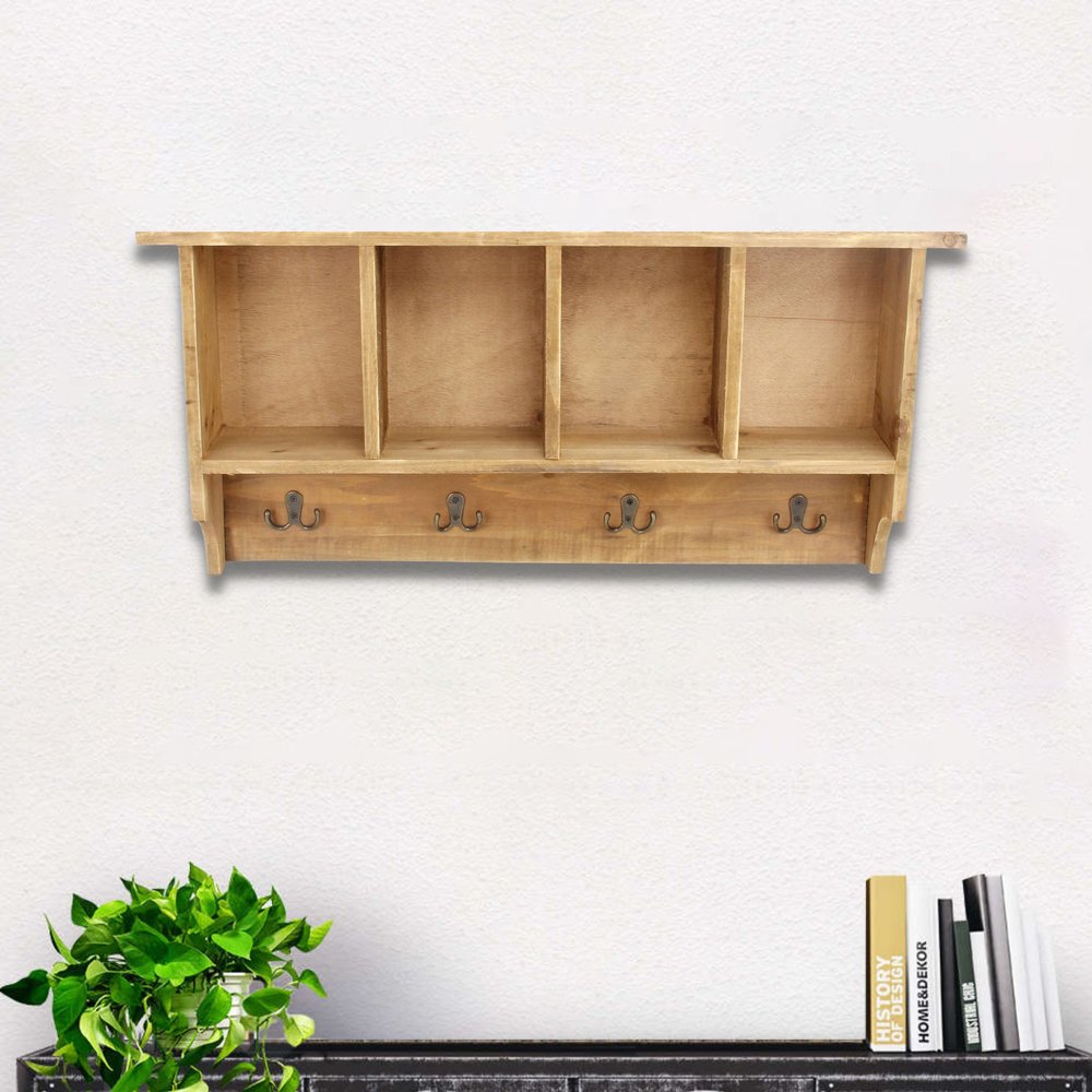 30" Natural Wood Four Hook Wall Mount Coat Rack