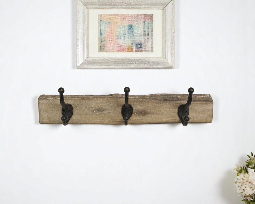 19" Brown Natural Rustic Live Edge Wood Three Hook Wall Mount Coat Rack
